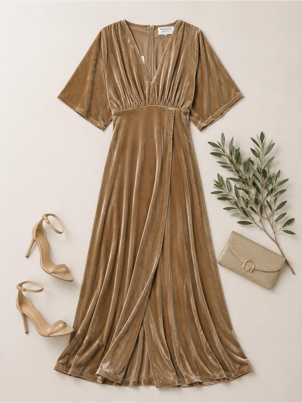 NWT Urban Outfitters WYLDR Velvet V-Neck Maxi Dress Sand Sable Size L - Picture 15 of 16